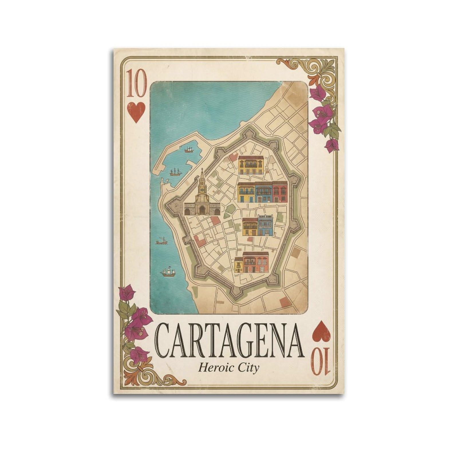 OKNGB Vintage City Map Poster Cartagena Colombia Walled City Playing Card Style Decorative Painting Canvas Art Picture 20x30inch(50x75cm)