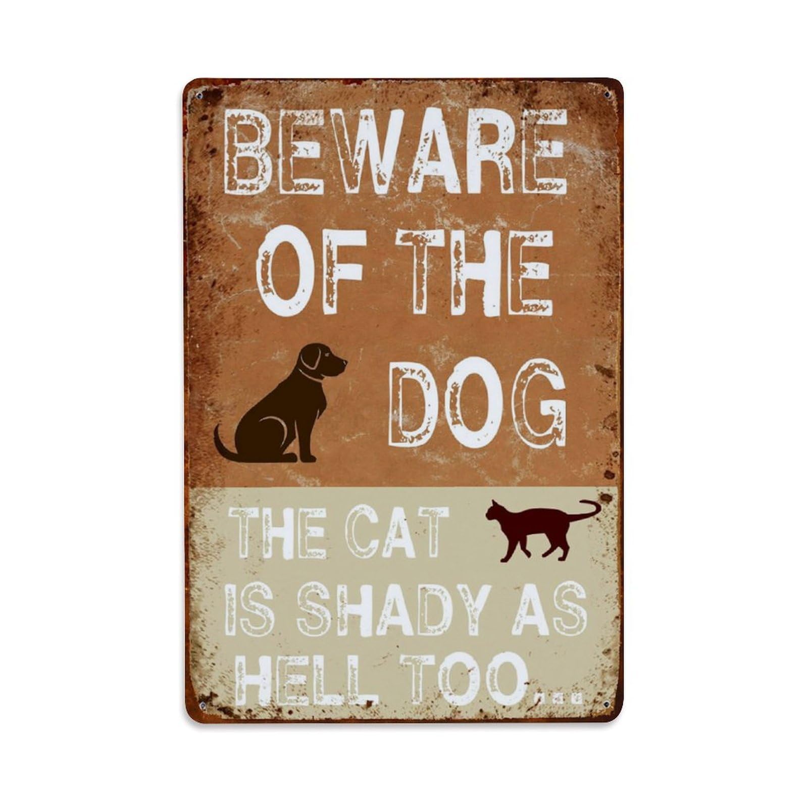 Rkundrne Vintage Beware Of The Dog The Cat Is Shady Too Metal Tin Sign Garden Bedroom Cafe Bar Man Cave Home Wall Decor Metal Poster 8X12 In