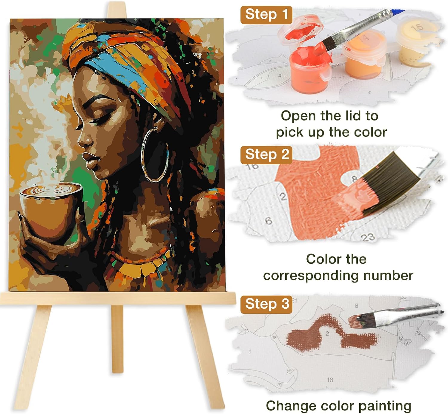 Lxmsja African Woman Paint by Numbers Kit for Adults, Coffee Acrylic Paint by Numbers for Adults Beginner, DIY Craft Supplies Oil Painting Kits for Home Wall Decor 16x20 inch (No Frame)