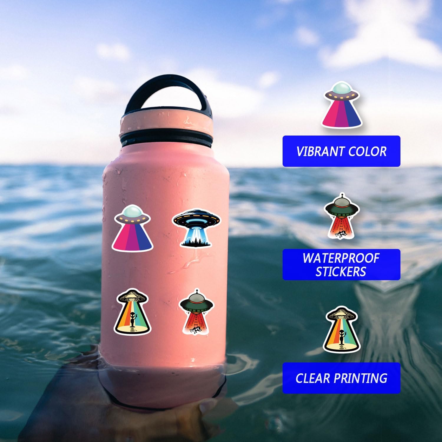64pcs UFO Stickers Pack，Cute Cartoon Aesthetics Vinyl Waterproof Decals for Water Bottle, Laptop, Phone, Skateboard, Journaling for Party Supply Decor Favor