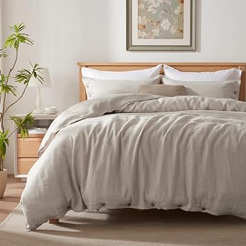TOSMO 100% Linen Duvet Cover Set Queen Size, 3 Piece Button Closure