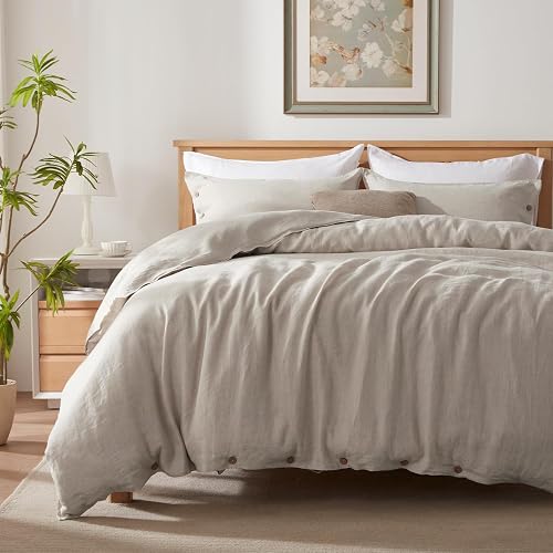 TOSMO 100% Linen Duvet Cover Set Queen Size, 3 Piece