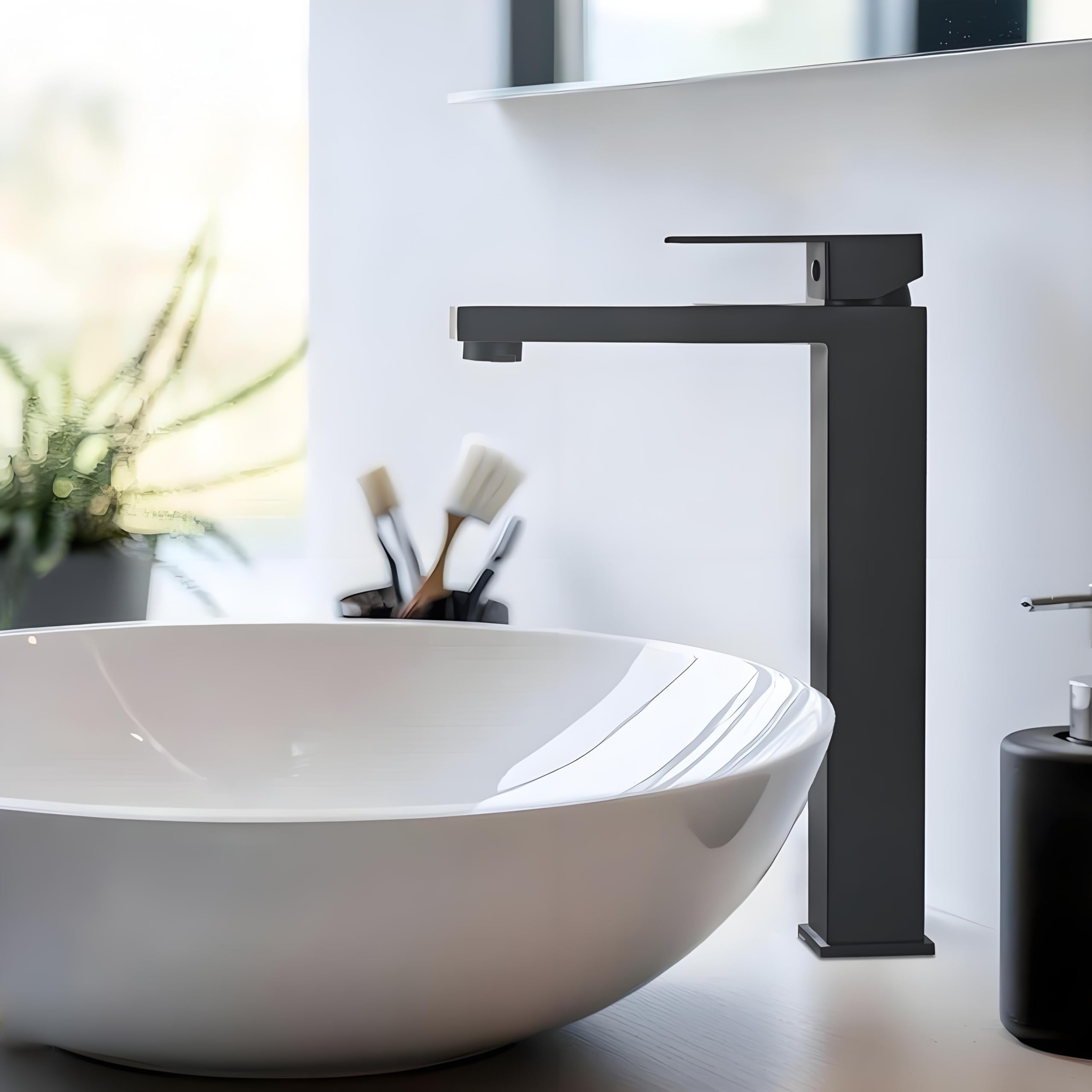Robinet Salle Bain Noir, Mitigeur Lavabo Haut pour Vasque à Poser BuntHaus | Robinetterie Moderne en Acier Inoxydable, avec Aérateur Amovible, eau Chaude et Froide, Sans Plomb et Installation Facile