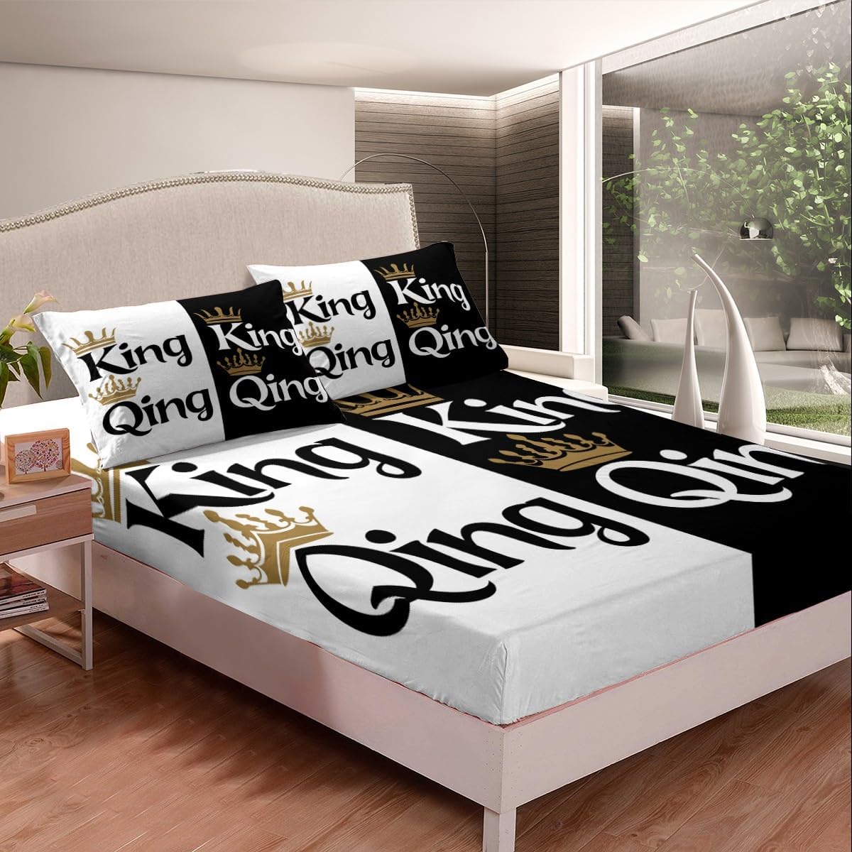 Erosebridal King and Queen Bedding Sets Black and White Fitted Sheet for Adult Couple Women Men Sweet Love Decor Fitted Bed Sheets Luxury Microfiber 3 Piece Bedding Decor Set Gift Full Size
