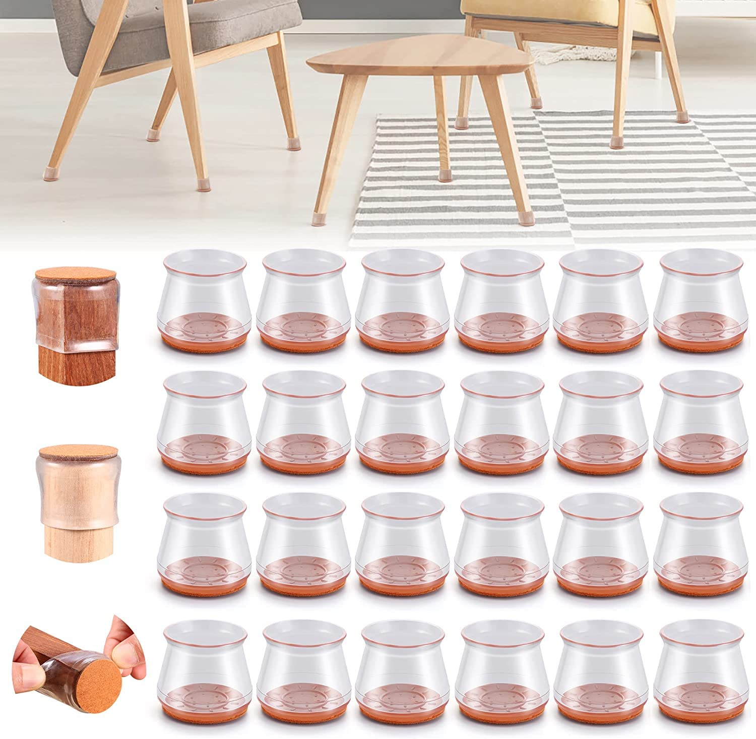 24PCS Upgraded Silicone Chair Floor Protectors for Hardwood Floors, Felt Bottom Furniture Cover, Ruby Sliders, Non-Slip Round & Square Pads Caps to Scratch and Reduce Noise
