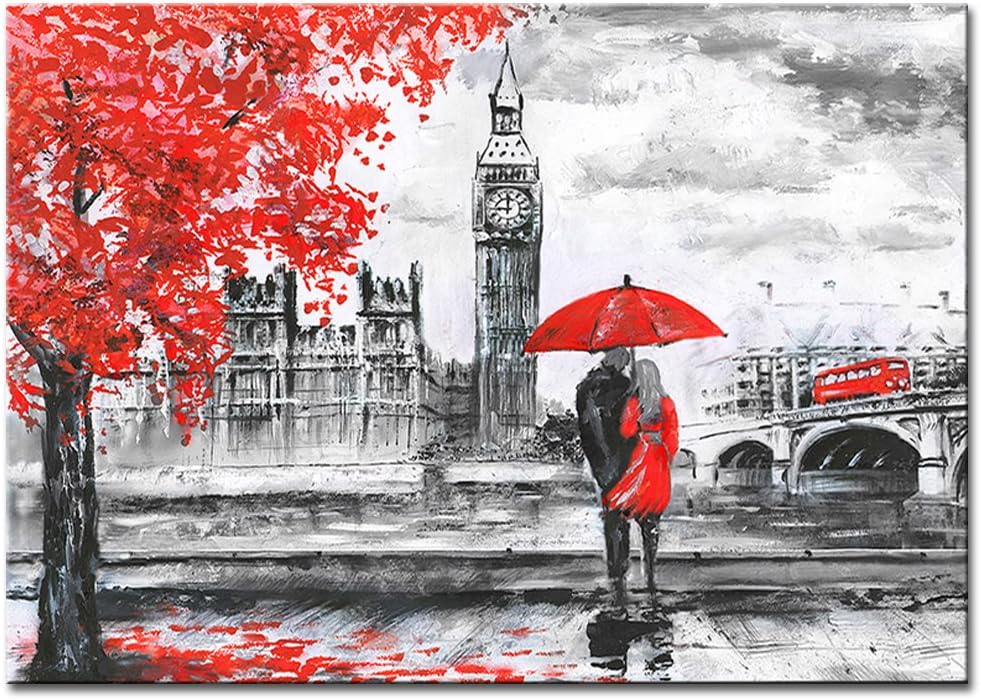 Canvas Wall Art Single Panle Lovers Under The Red Umbrella Picture Decor London City Landscape Painting Framed Ready to Hang for Home Decoration (London Houses of Parliament)