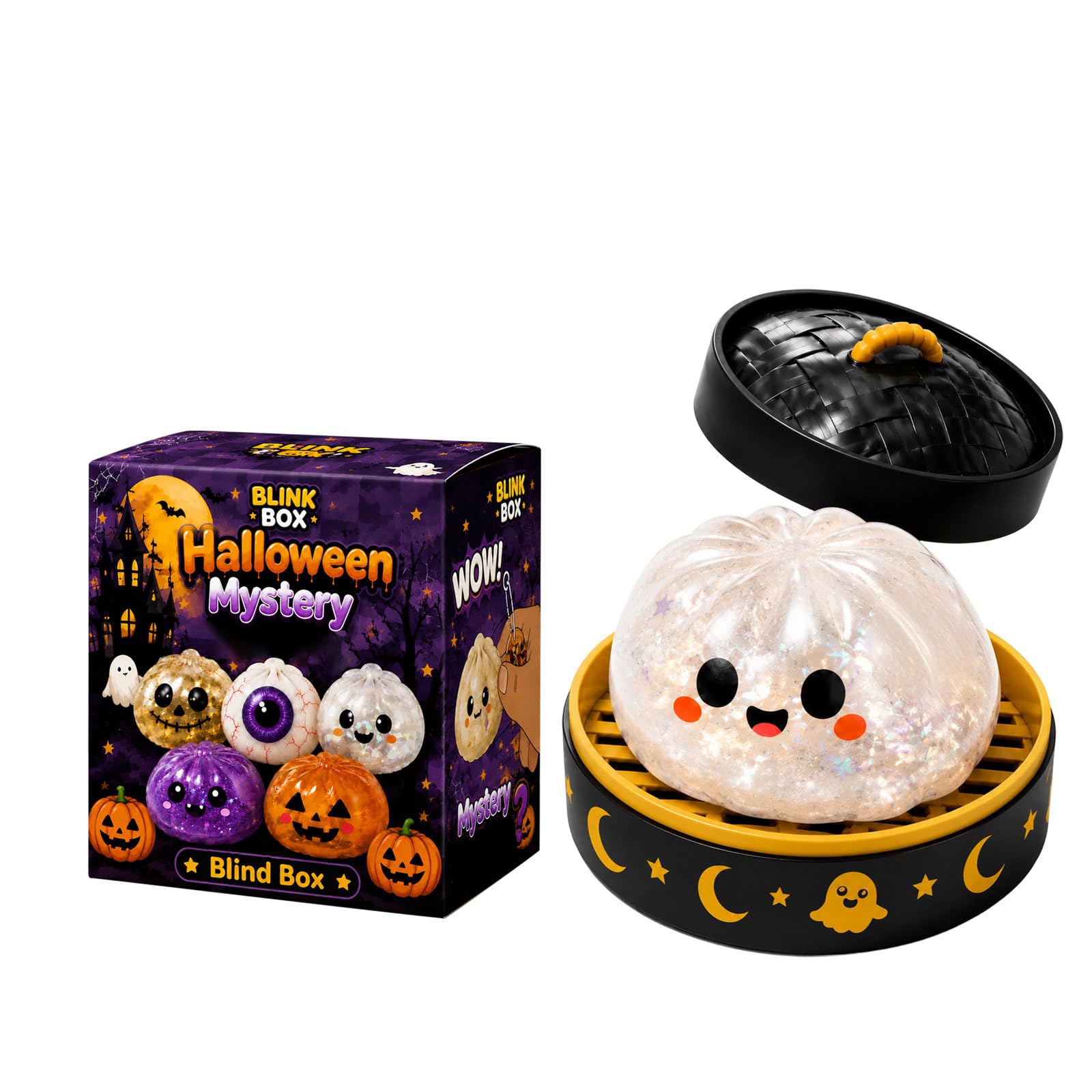 Halloween Steamed Bun Stress Toy with Steamer Basket(Multiple Styles are Available for Selection) 04-White — image 1
