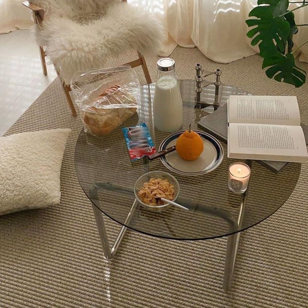 Glass Coffee Table, Transparent Round Accent Table with Metal Frame, Modern Minimalist Tea Table for Living Room Office(Gray)