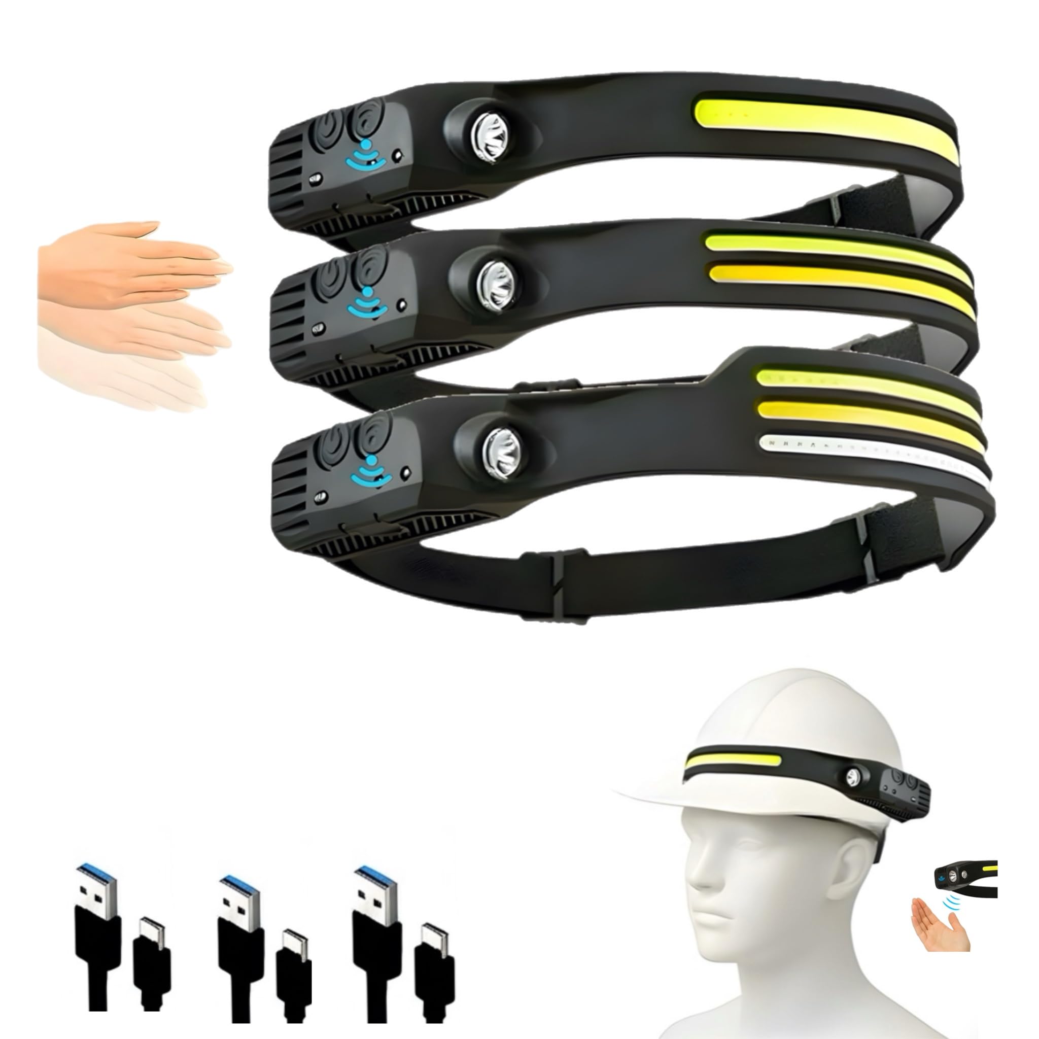 3-Pack Rechargeable LED Headlamps – High-Power USB Headlights COB Floodlight & Motion Sensor – Super Bright, Adjustable Beam, Water-Resistant – Ideal