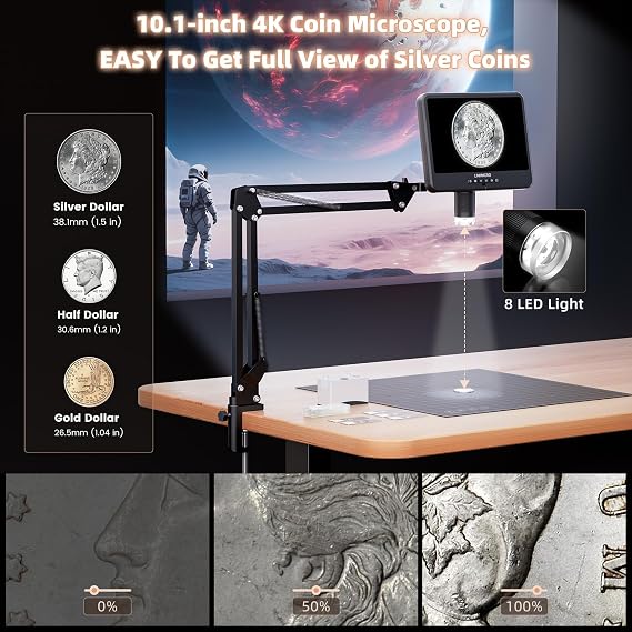 4K 30FPS HDMI 10.1'' Digital Microscope with Flex Arm Stand for Electronics, LM208S-A 4K Soldering Microscope Camera 1500X with Screen for Adults, Full View Coins, 3840P Video Audio, PC View, 64GB