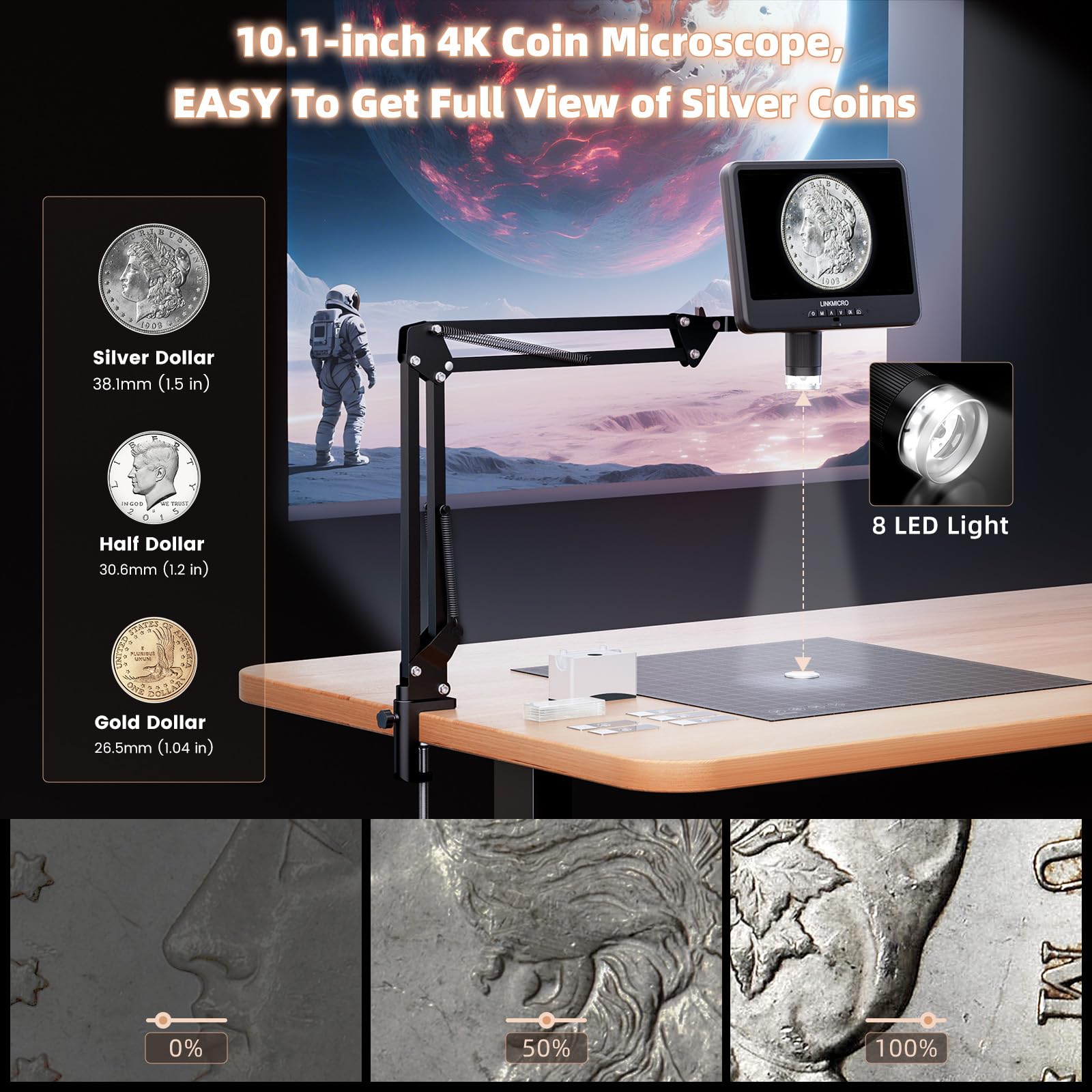 Microscopio digitale 4K 30FPS HDMI 10.1 '' con schermo per riparazione elettronica, LM208S-A 4K fotocamera microscopio saldatura 1500X con supporto braccio flessibile, monete Full View