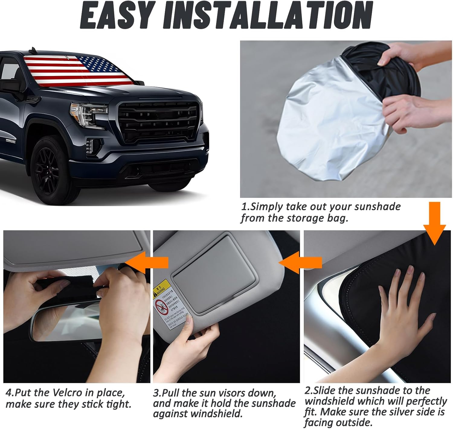 D-Lumina Windshield Sun Shade American Flag for 2019-2025 GMC Sierra 1500 2500 3500 Accessories, Front Window Sunshade Sun Visor Protector Sun Shield Block UV Ray Heat, Foldable 2 Layers 210T Material