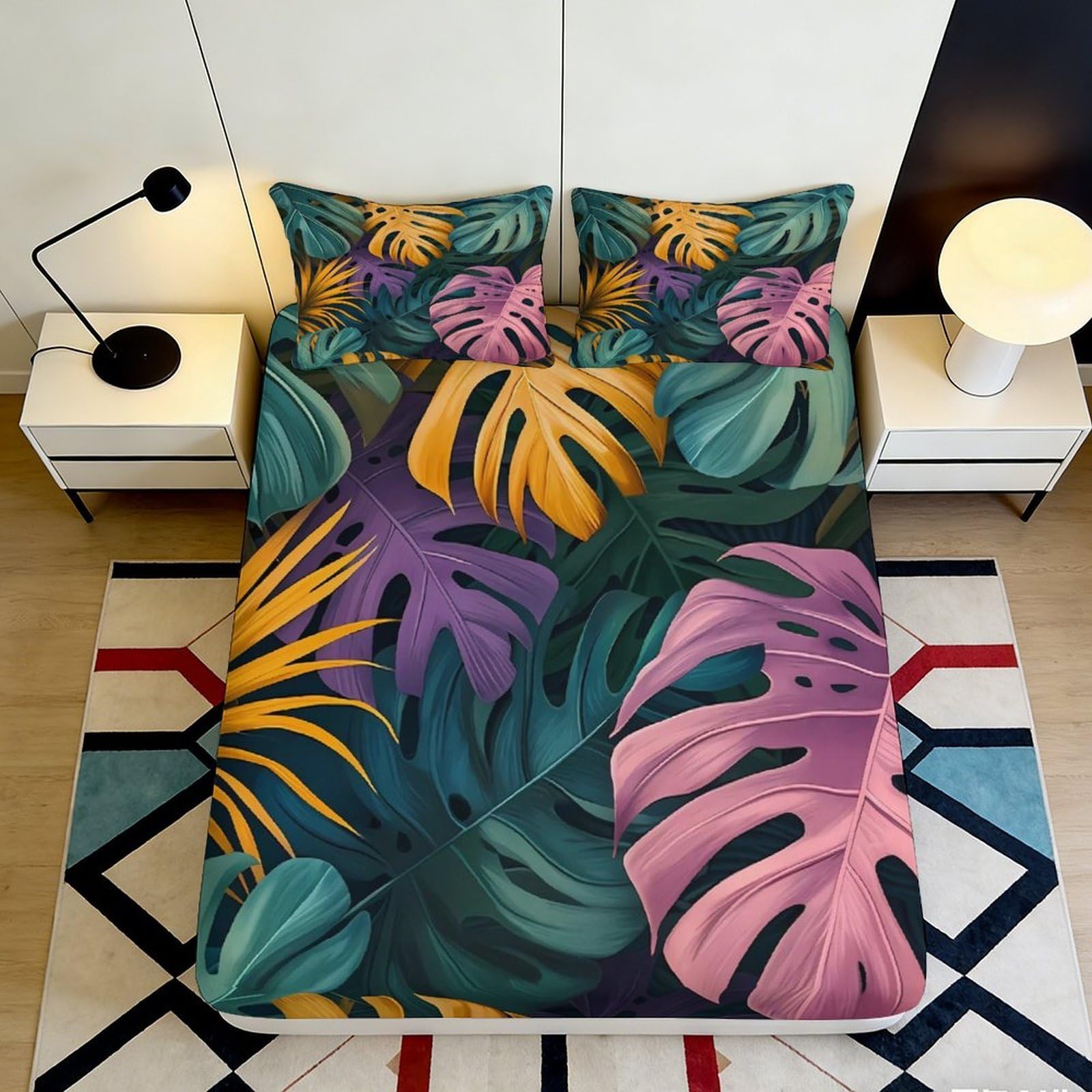 3D Printed Tropical Leaves Fitted Sheet Microfiber Soft Durable Colorful Bed Cover for Bedroom Dormitory Guest Room Mattress Protection 120x200x25cm