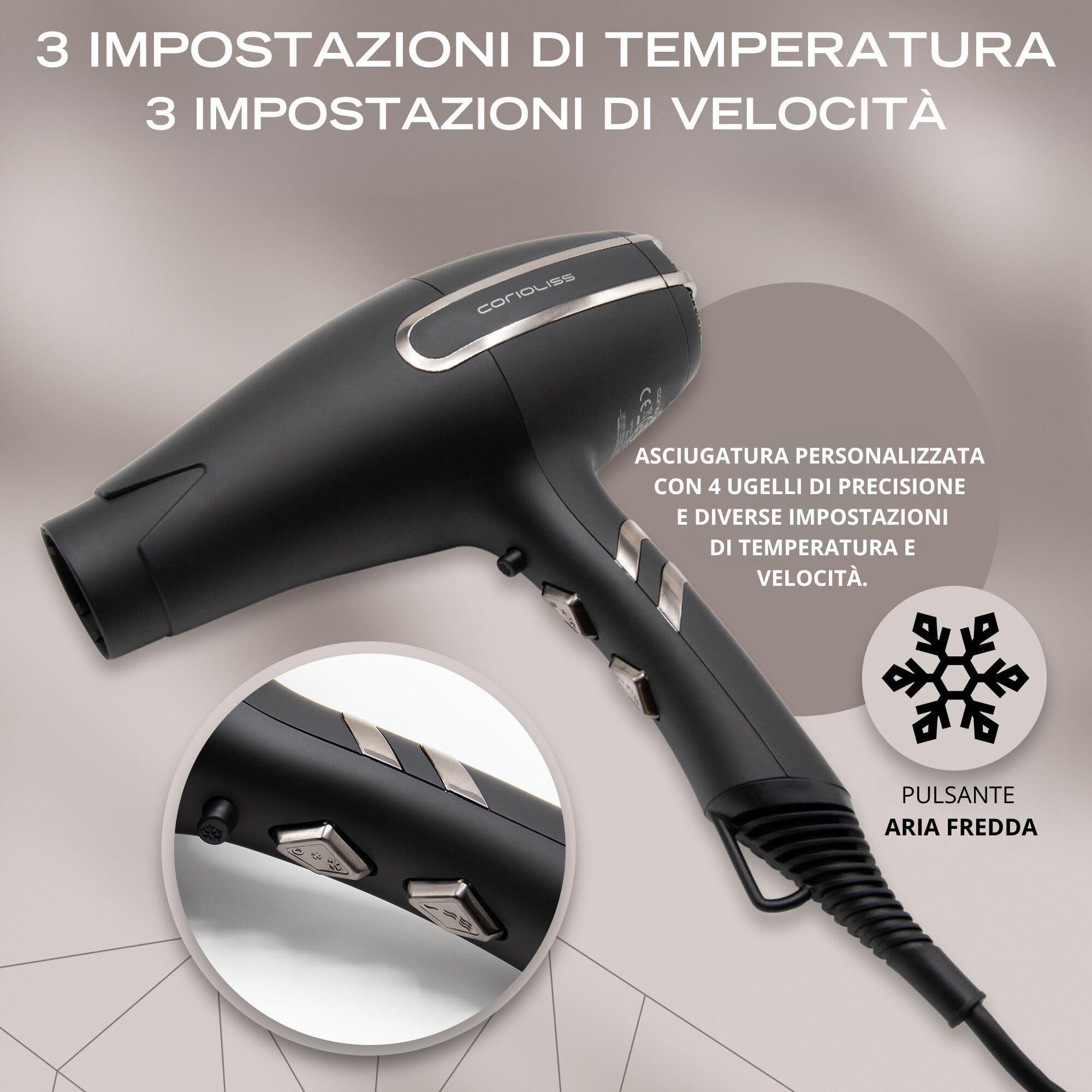 Corioliss ARC Asciugacapelli Professionale Ionico | Silenzioso 75 dB | Leggero 430 g | Motore BLDC Ultima Generazione | Estremamente Potente 2400 W | Phon per Capelli.
