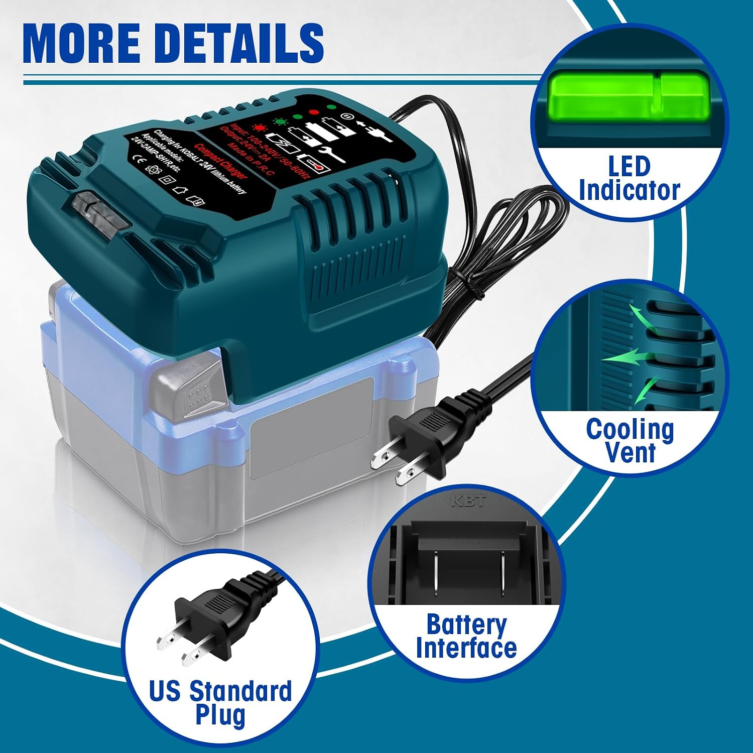 24V 2A Mini Battery Charger for Kobalt 24V Max, 100-240V Universal Input, Smart Fast Charger with Overcharge Protection