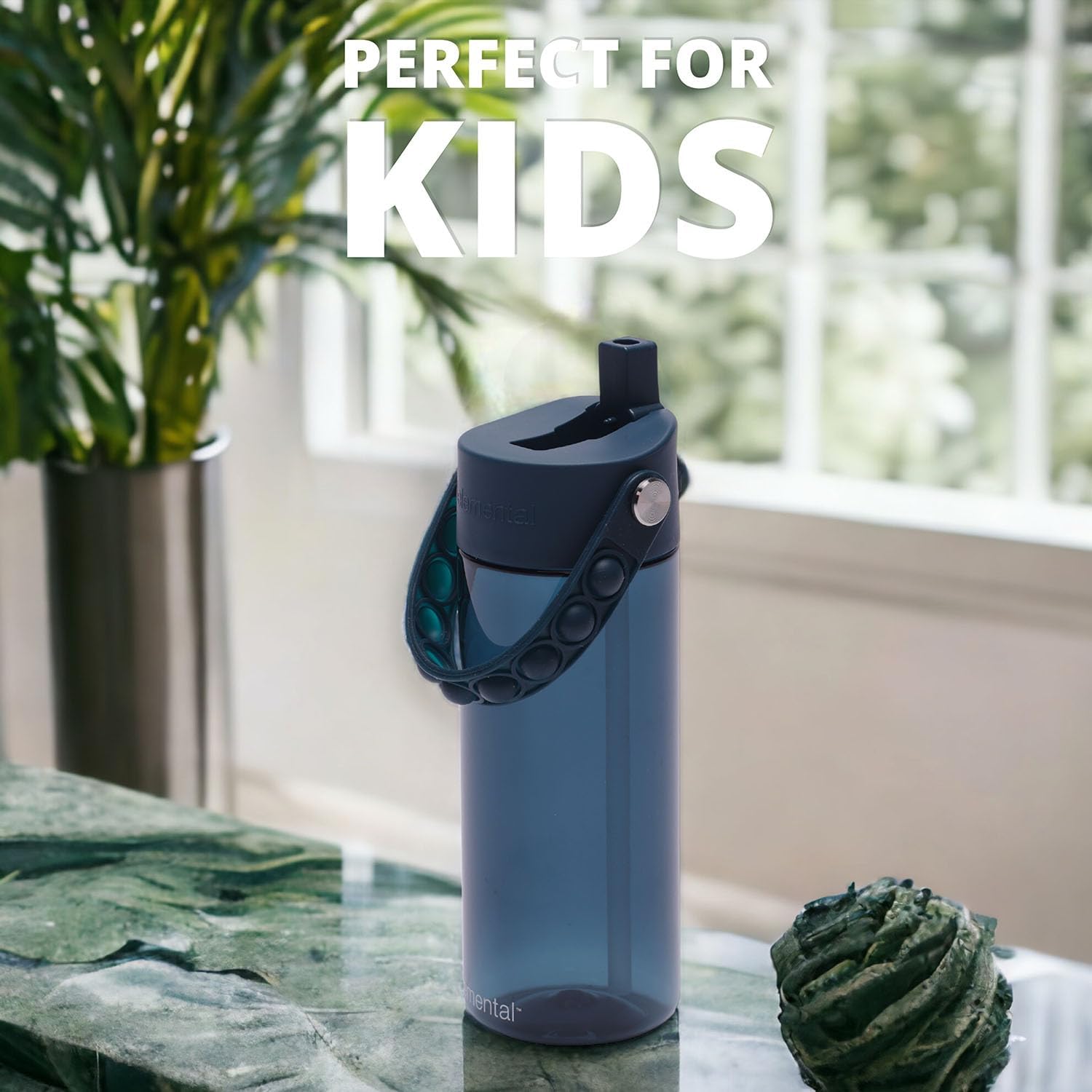 Elemental Water Bottles for Kids - Splash Kids Water Bottle for School with Pop-it Handle - BPA Free Tritan Plastic Water Bottle with Straw Leak Proof when Spout is Closed - Navy Blue - 18oz - Image 4