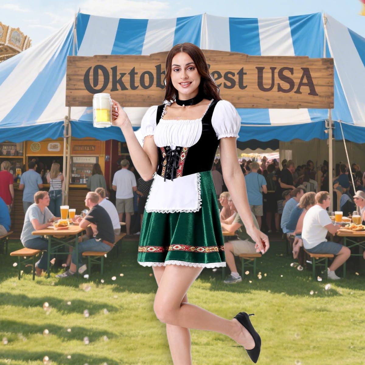 GRAJTCIN Womens Oktoberfest Costume, Halloween German Bavarian Costume Velvet Dirndl Dress - Image 7