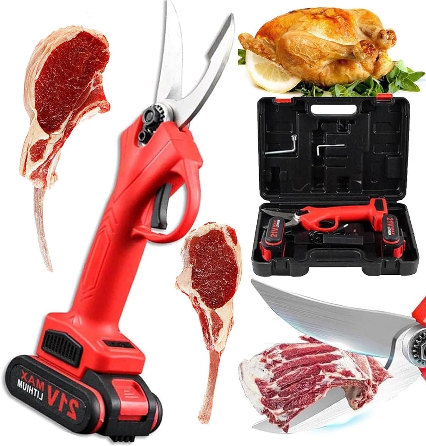 Cordless Electric Kitchen Bone Scissors with Rechargeable Batteries, Multi-Function Poultry Shears with Safety Lock for Chicken, Meat, Fish, Seafood and Vegetables