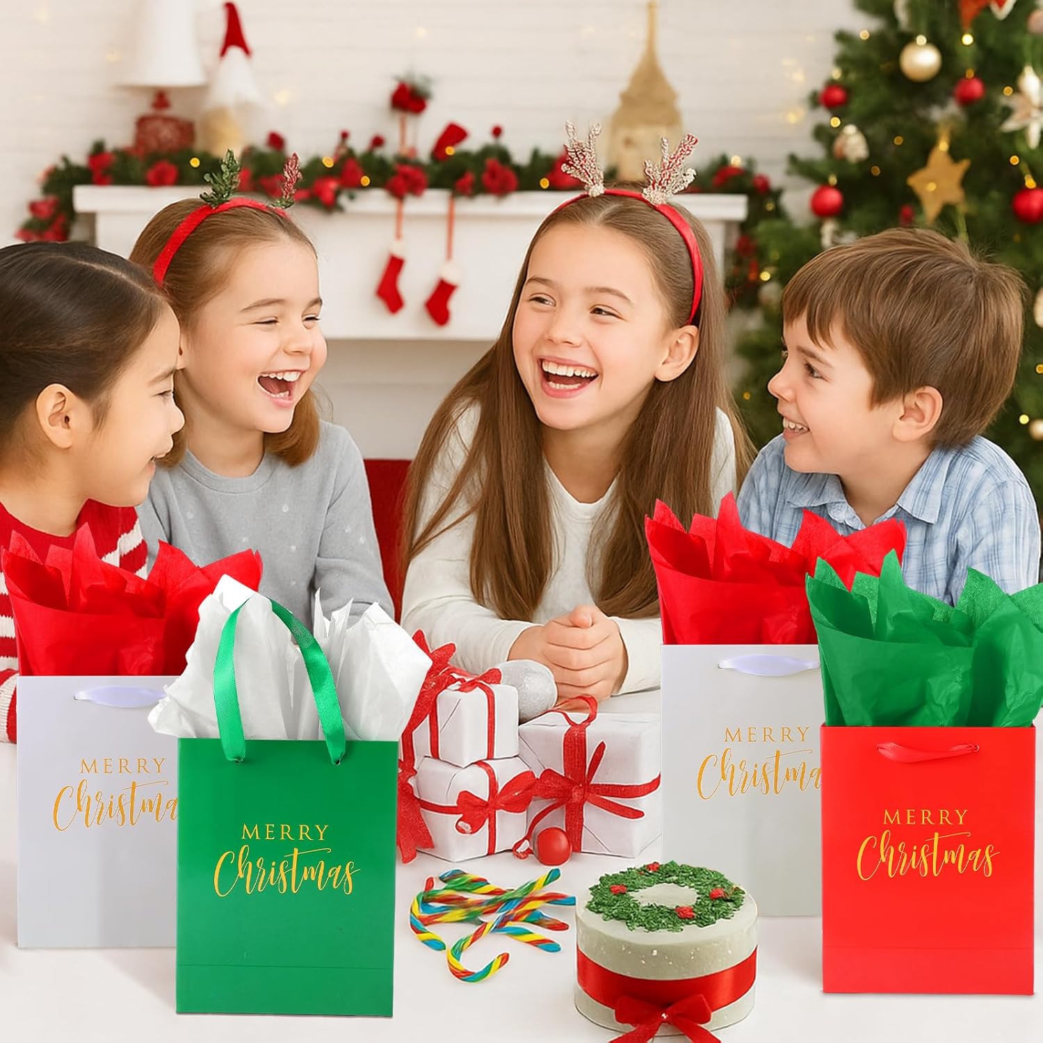 Nezyo 24 Pcs Christmas Gift Bags with 24 Tissue Paper Merry Christmas Party Favor Bags, Thick Cardboard, 7.09 x 9.06 Inch, with Handle Red Green White Candy Totes for Xmas Winter Party Favor Supplies