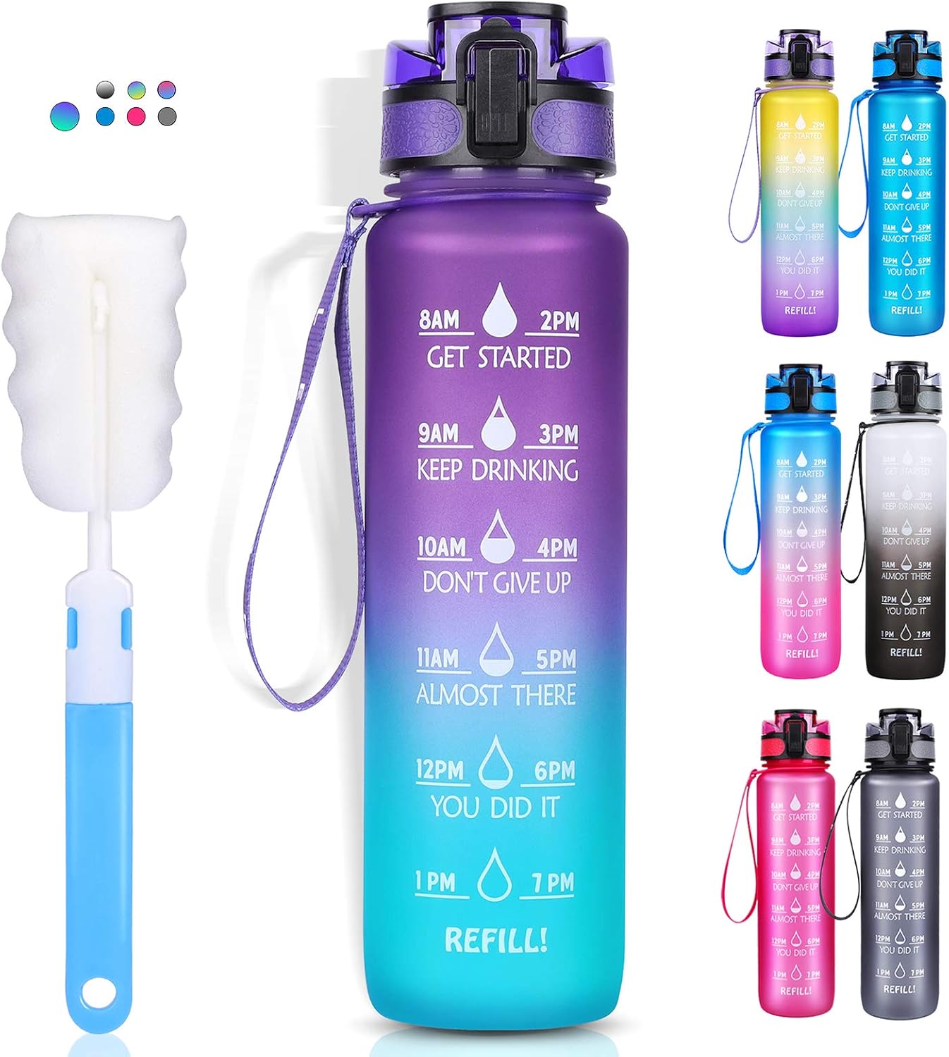 LEHOM Water Bottle with Time Marker Motivation Leakproof BPA Free 32OZ Large Sports Drink & Strainer & Clean Brush Anti Slip Stainless for Fitness, Gym, Camping and Outdoor