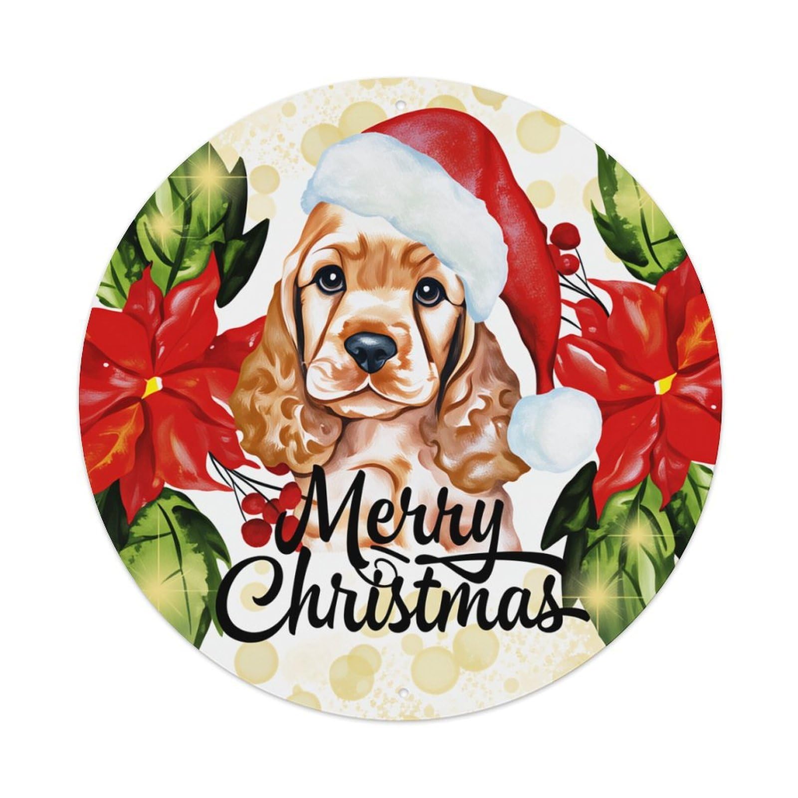 Christmas Dog Poinsettia Santa Hat Round Tin Sign Retro Metal Sign for Cafe Bar Pub Home Game Room Gym Club Wall Decoration Vintage Metal Poster 8x8 Inch