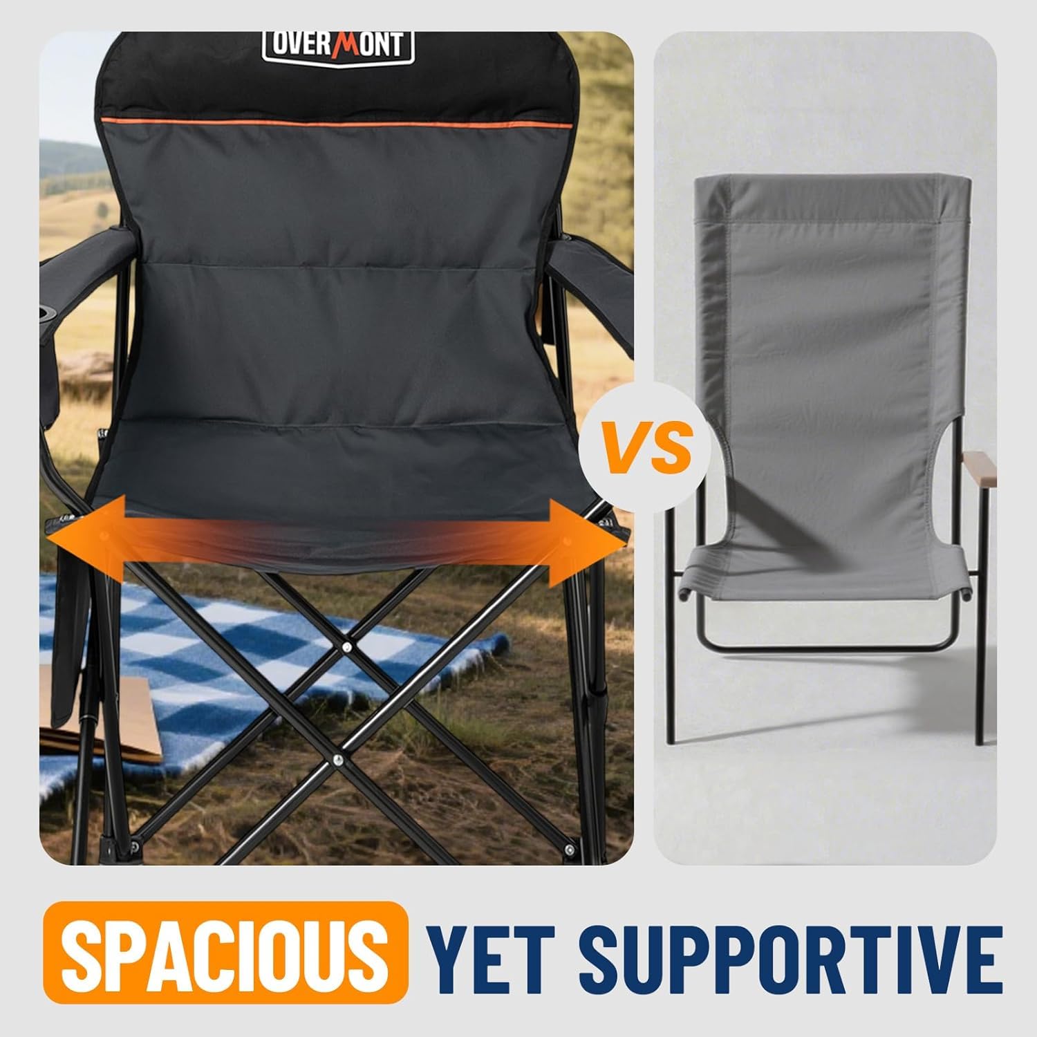 OVERMONT Silla de Camping Plegable Respaldo Alto – Silla XXL Plegable hasta 150 kg – Silla de jardín portátil con portavasos – para Senderismo, Picnic y Pesca al Aire Libre