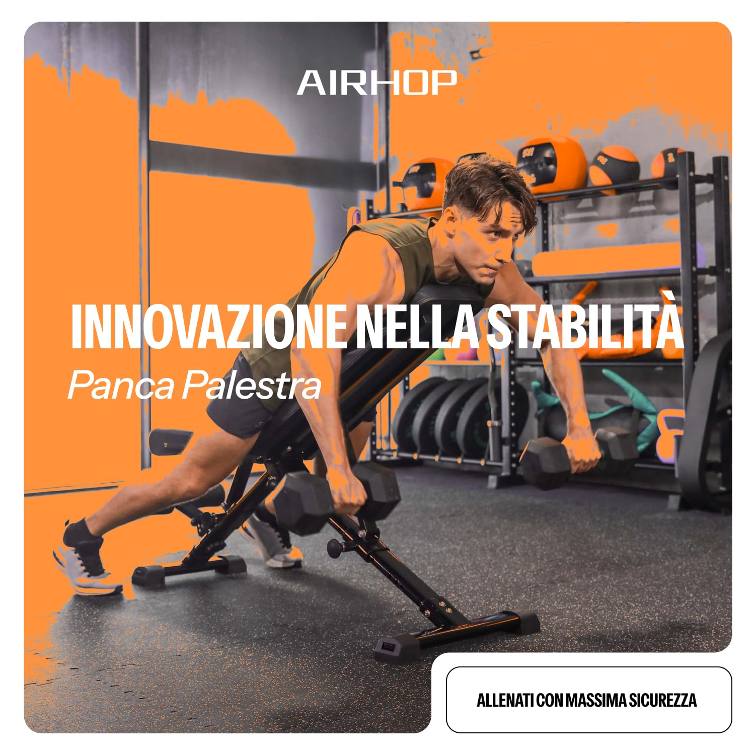 AIRHOP Panca Pesi Regolabile, Panca Palestra Multifunzione per Allenamento, Inclinabile/Declinabile, Rapido Ripiegamento e Risparmio di Spazio, Ideale per Allenamento di Forza a Casa o in Palestra