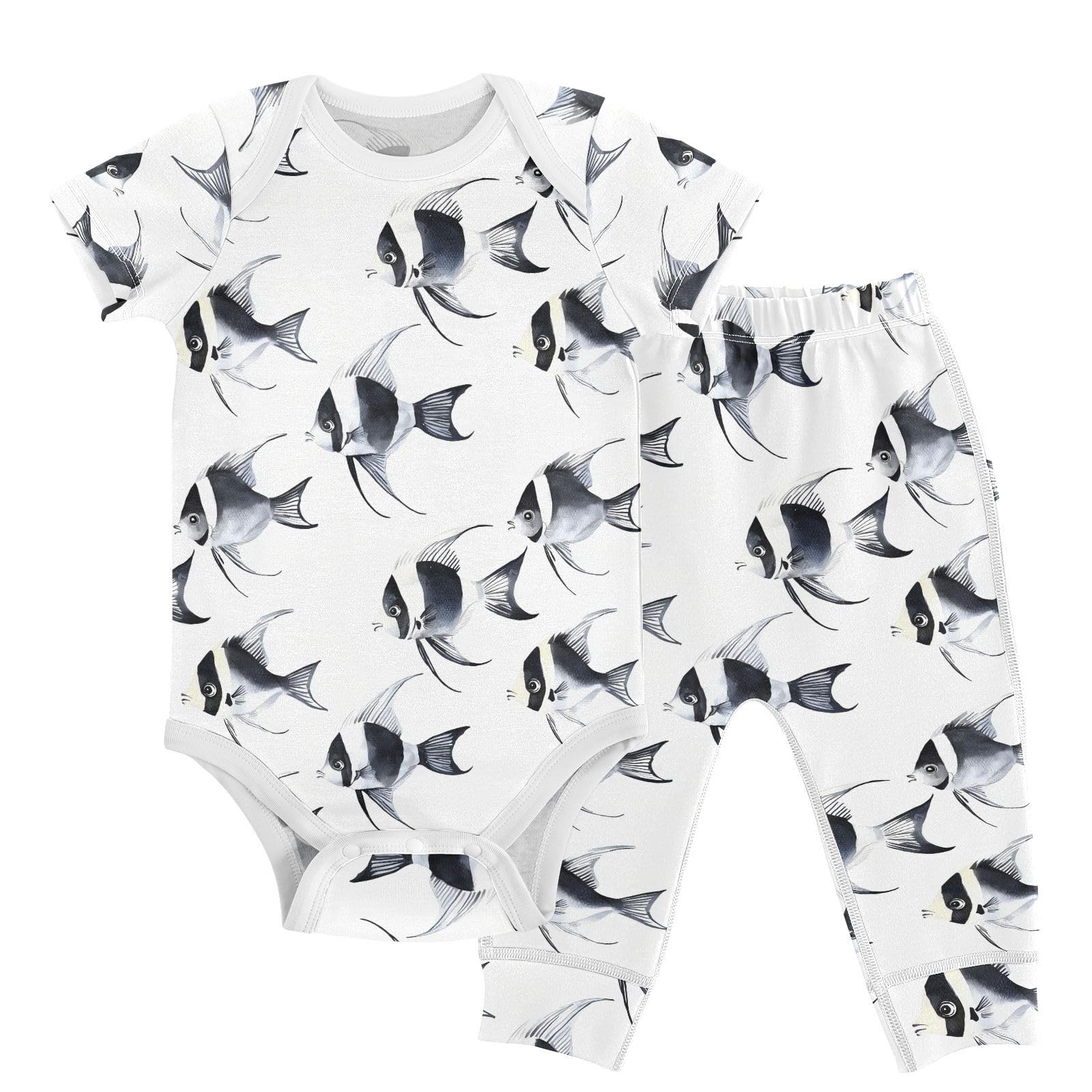 vvfelixl Baby Layette Sets Clothes,Black and White Angelfish Baby Bodysuits Set,Unisex Babys Pants Sets Short Sleeve 12-18M