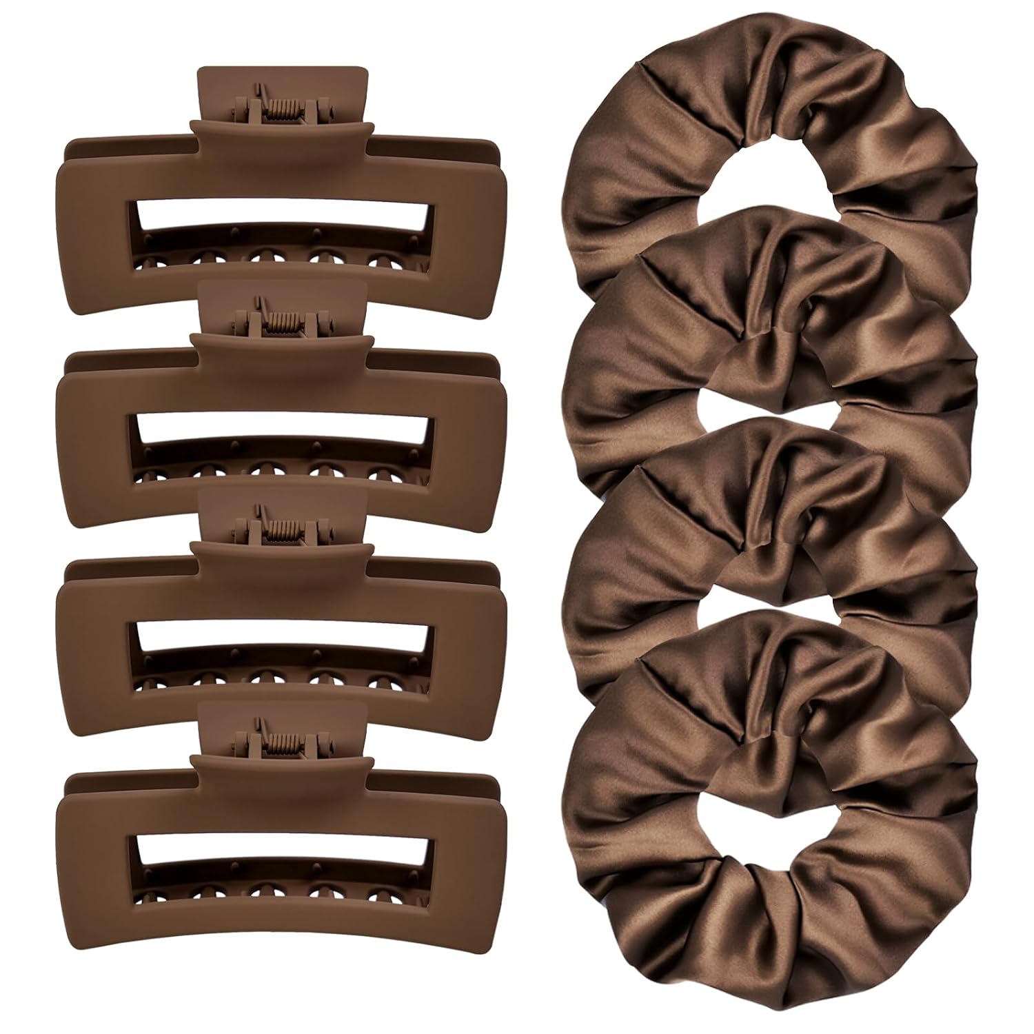 8pcs Hair Claw Clips and Scrunchies Set – Square Hair Clips for Women, Medium Non-Slip Matte, Large Satin Scrunchies, Hair Accessories for Thick Thin Hair, Party, Daily Use – Coffee