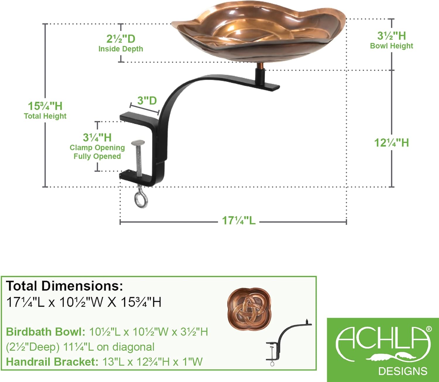 Achla Designs 201-2012 Dara Knot Rail Mount Bracket Birdbath, Antique Copper Finish