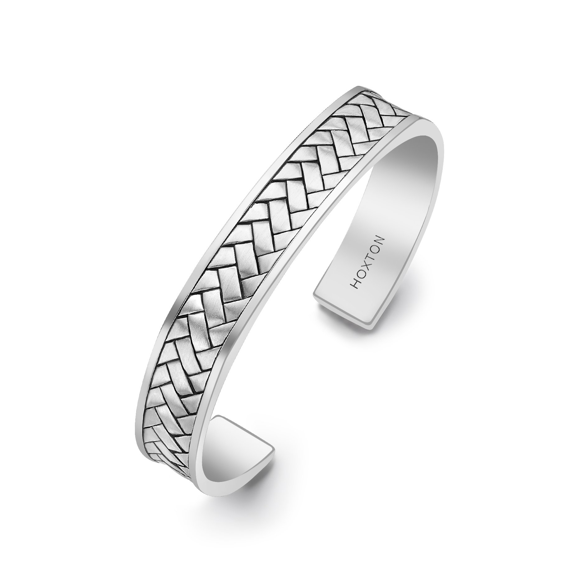 HOXTON LONDONMen's Sterling Silver Rhodium Plated Herringbone Cuff Bangle