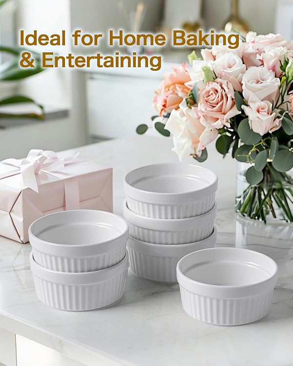 KITCHENLESTAR 7 oz Ramekins Set of 6, Oven Safe Porcelain Ramekin Bowls for Creme Brulee, Souffle & Custard, Dessert Cups & Dipping Sauce Dishes, Stackable, Soft White by KITCHENLESTAR - Image 6