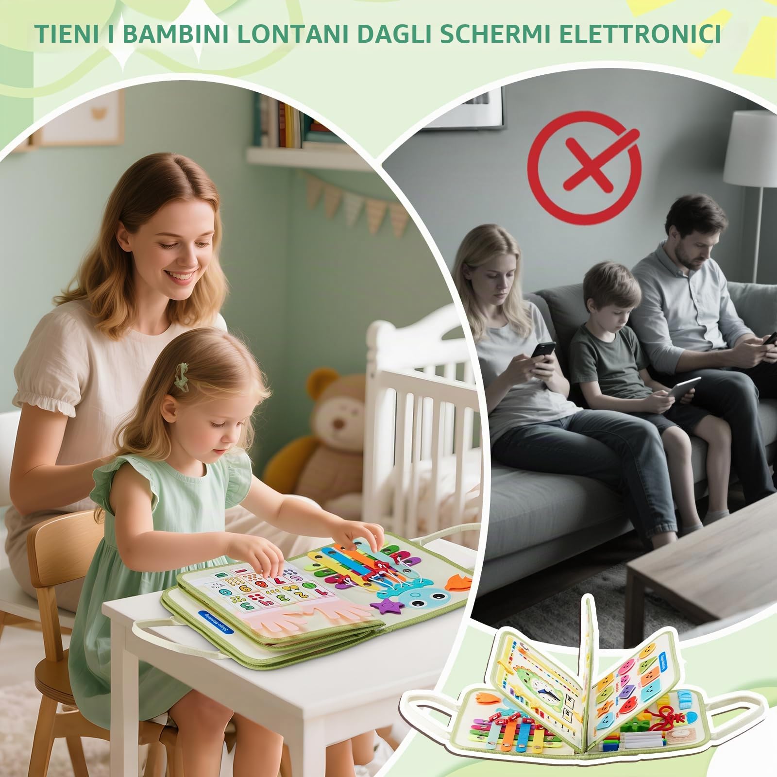 Busy Board, Libro Silenzioso Montessori Giocattolo a partire da 3 4 5 6 anni, 9 In 1 Tavola Attività per Bambini Piccoli Giocattolo Motorio, Giocattolo Educativo Sensoriale, Libro Attività, Giocattolo