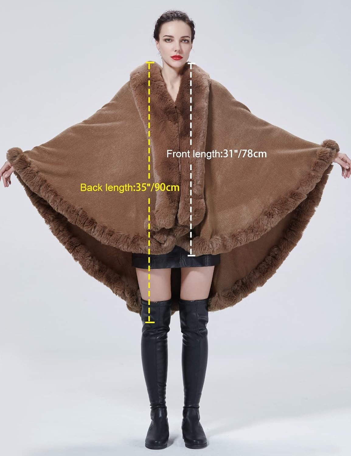 Faux Fur Shawl Wrap Women Poncho Cape Faux Fur Trim Coat Sleeveless Cardigan Dressy Cloak for Party - Image 7