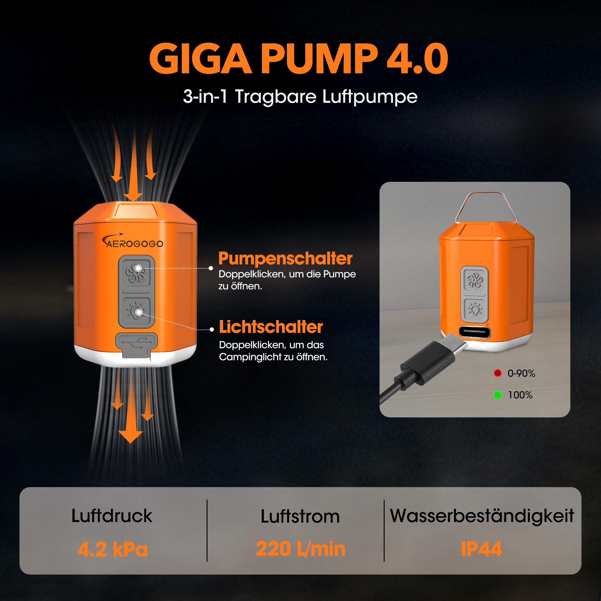 GIGA Pump 4.0 Elektryczna mini pompka powietrza do materaca powietrznego, przenośna pompa z akumulatorem 1300 mAh, 5 dysz powietrznych, ultralekka pompa powietrza do kółek pływackich, do worków