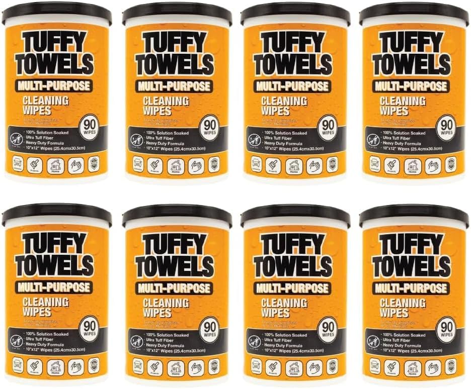 LAUCO Tuffy Scrub Cleaning Wipes – 90 Count (10" x 12") – Heavy Duty & Multi-Purpose Hand and Surface Towels for Industrial, Shop, Auto & Home Use (8 Pack, Multi-Purpose)