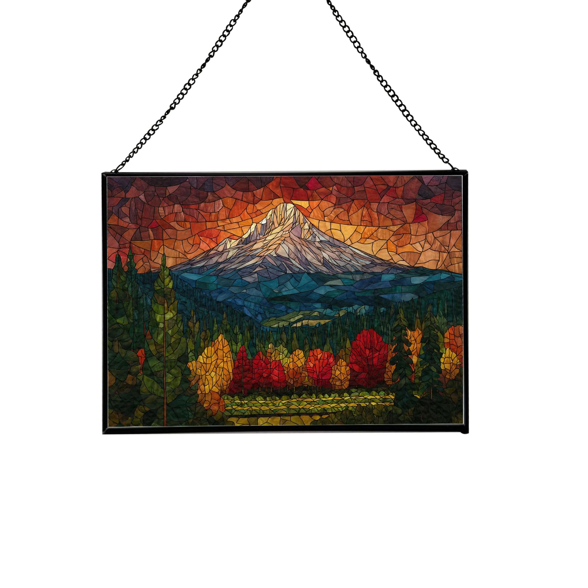 Mount Hood-Oregon City Stained Glass Suncatcher – Rectangular Hanging Window Panel with Urban Street Scene – Custom Glass Art Gift for Travelers, Architecture, Skyline Lovers GWEzf1