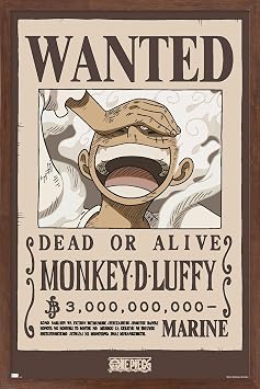 Trends International One Piece - Monkey D Luffy Wanted Poster Wall Poster, 22.4L x 14.7W, Mahogany Framed Version