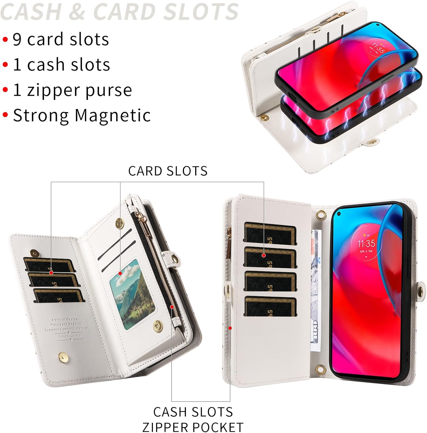 Asuwish Phone Case for Moto G Stylus 5G 2021 Zipper Wallet Detachable Cell Cover with Tempered Glass Screen Protector Strap Glitter Flip Card Holder Slot Motorola GStylus G5 XT2131DL Women Girls White