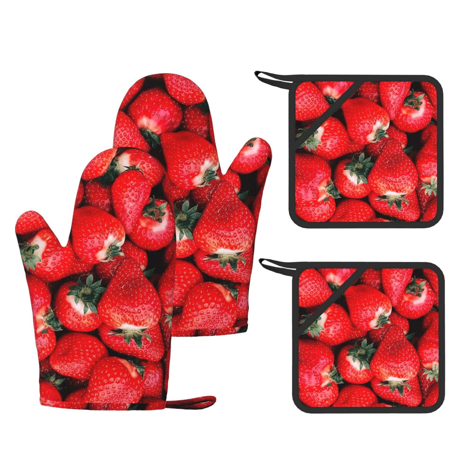 Fraise Rouge,Gants de Cuisine et maniques (Lot de 4), antidérapants Gants de Four résistants à la Chaleur