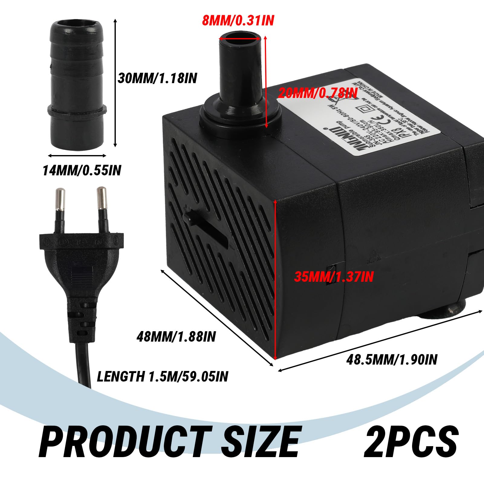 2 Piezas Mini Bomba de Agua 5W 350 L/h, Bomba de Agua Ultra Silenciosa, 2 Boquillas, Alta Carrera para Acuarios, Estanques, Fuentes, Jardines Acuáticos, Hidroponía, Montaje Vertical y Panel, Compacta — view 2