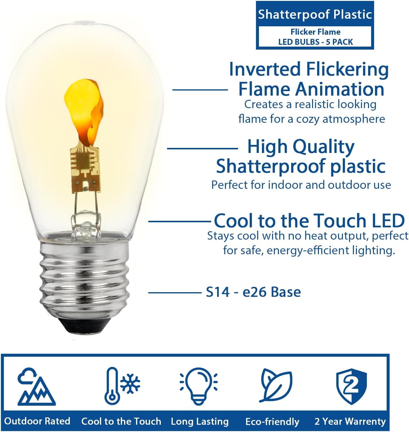 Flicker Flame S14 LED Light Bulbs for Outdoor String Lights, 5 Pack, Ultra Warm Tone, E26 Base, 1 Watt and 30,000 Hour Lifespan, Weatherproof and Shatterproof