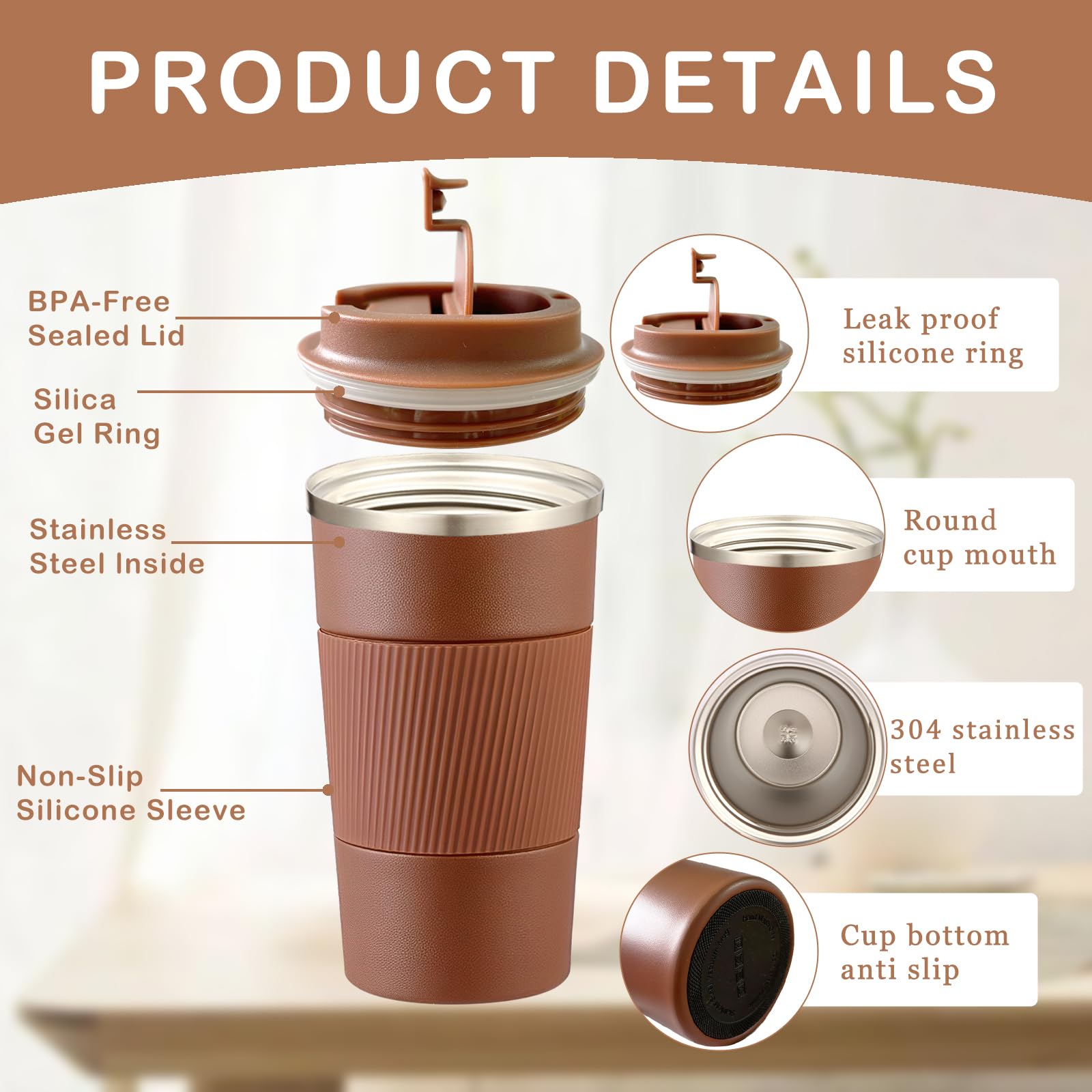Senshuomy Travel Mug, Insulated Coffee Cup with Leakproof Lid, Reusable Coffee Cups Travel Cup - Image 4