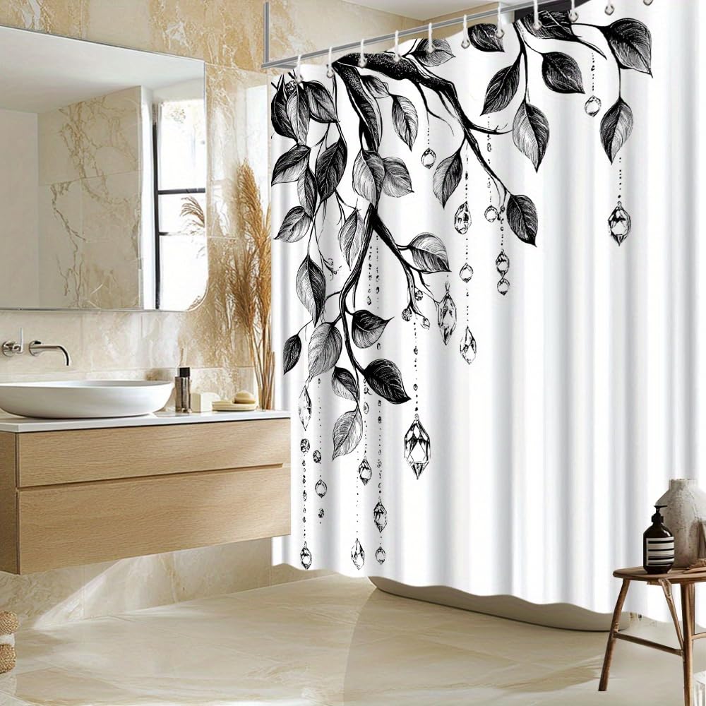 Rideau de douche anti éclaboussures grand format en tissu lavable motif feuilles rétro noir