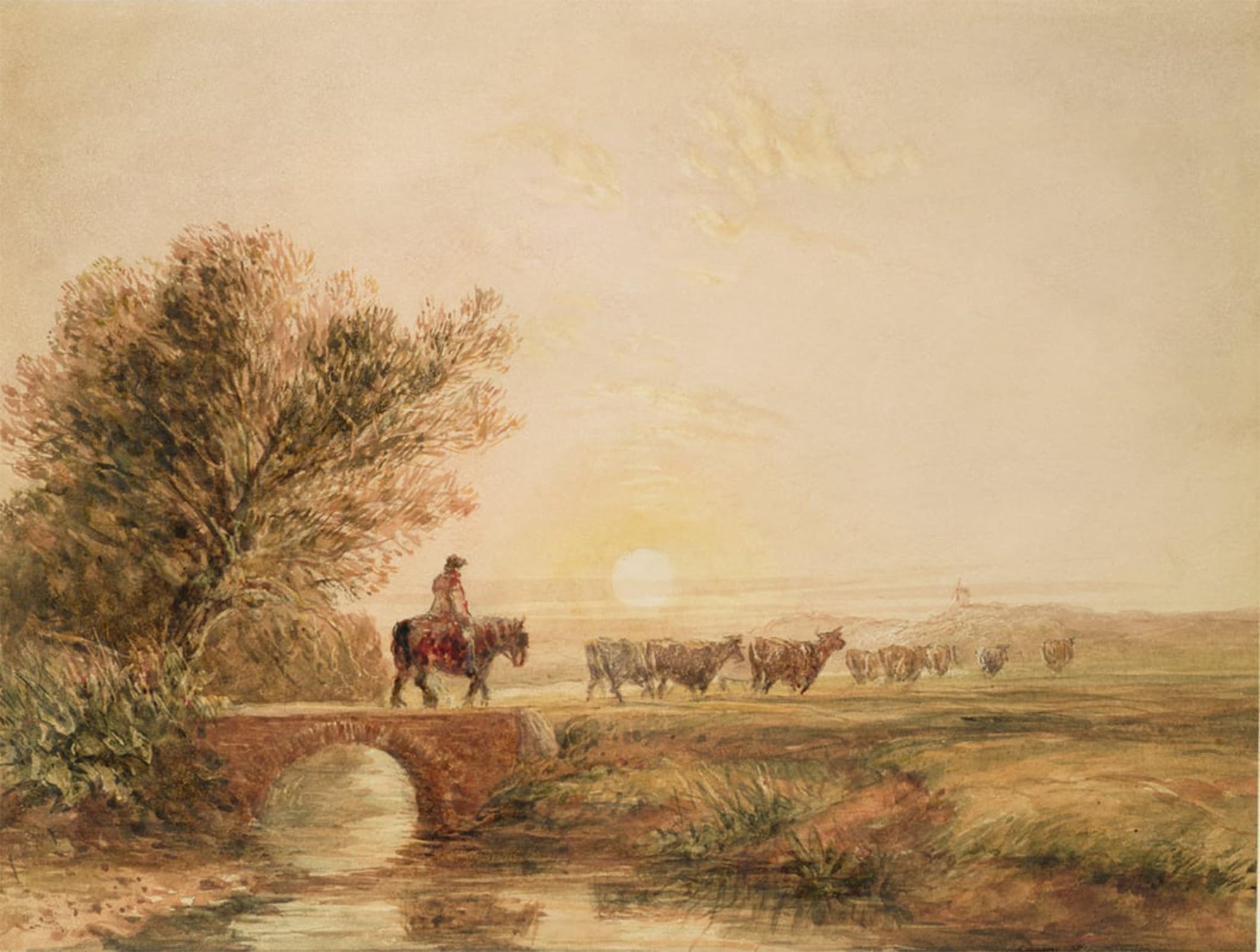 POSTERIIk Famous Print Pop Art Wall Art Graffiti a Mounted Drover with Animal Crossing a Bridge At Sunset by David Cox Art Prints for Home Decor 60x90cm