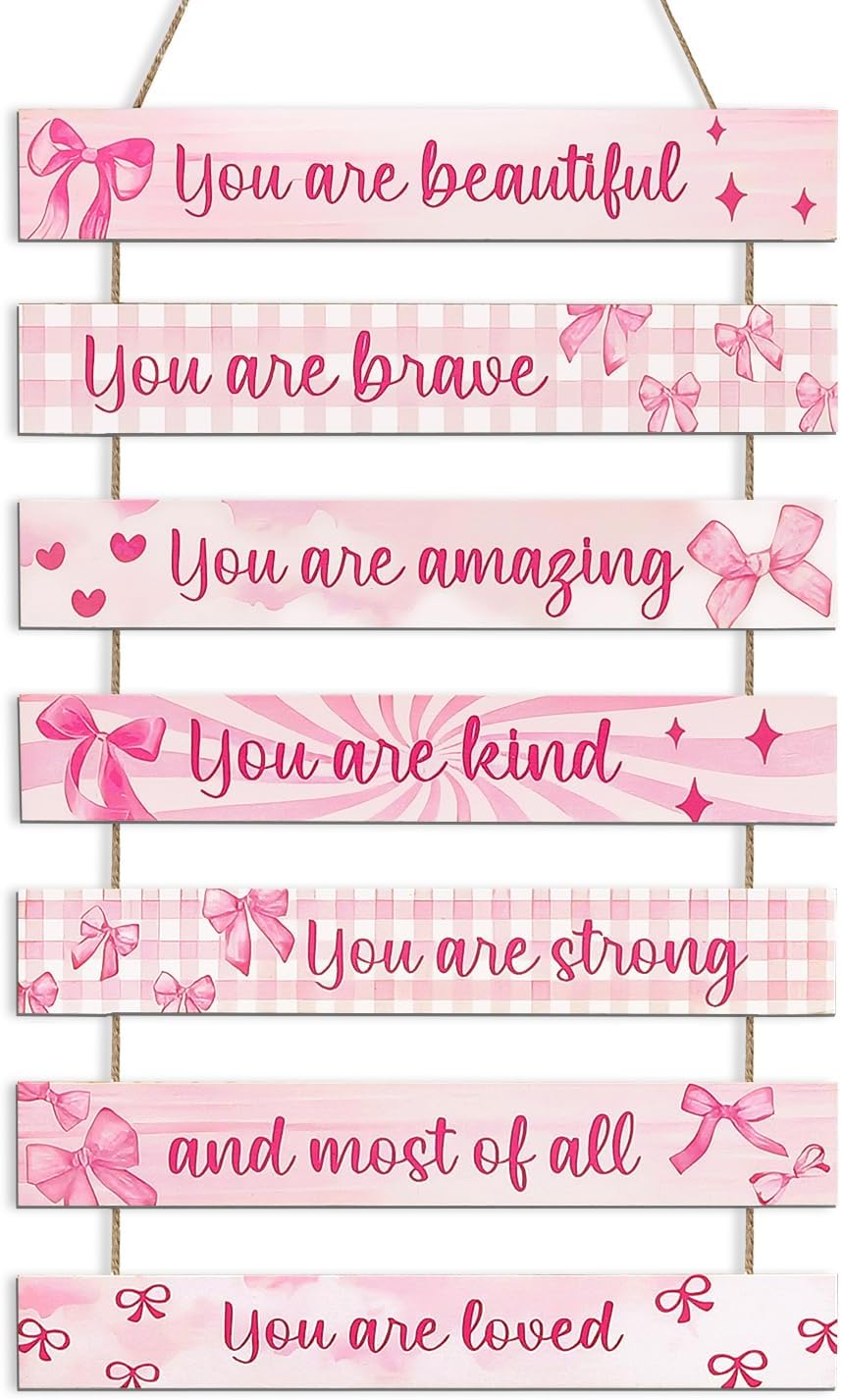 NymphFable Pink Bow Motivational Sign, Positive Affirmations Wooden Coquette Wall Art Decor for Girls Bedroom Nursery Dorm Decor