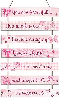 NymphFable 8 Piezas Decoración de Pared con Lazo Rosa, Cartel de Madera Colgante con Frase Motivacional para Habitación de...