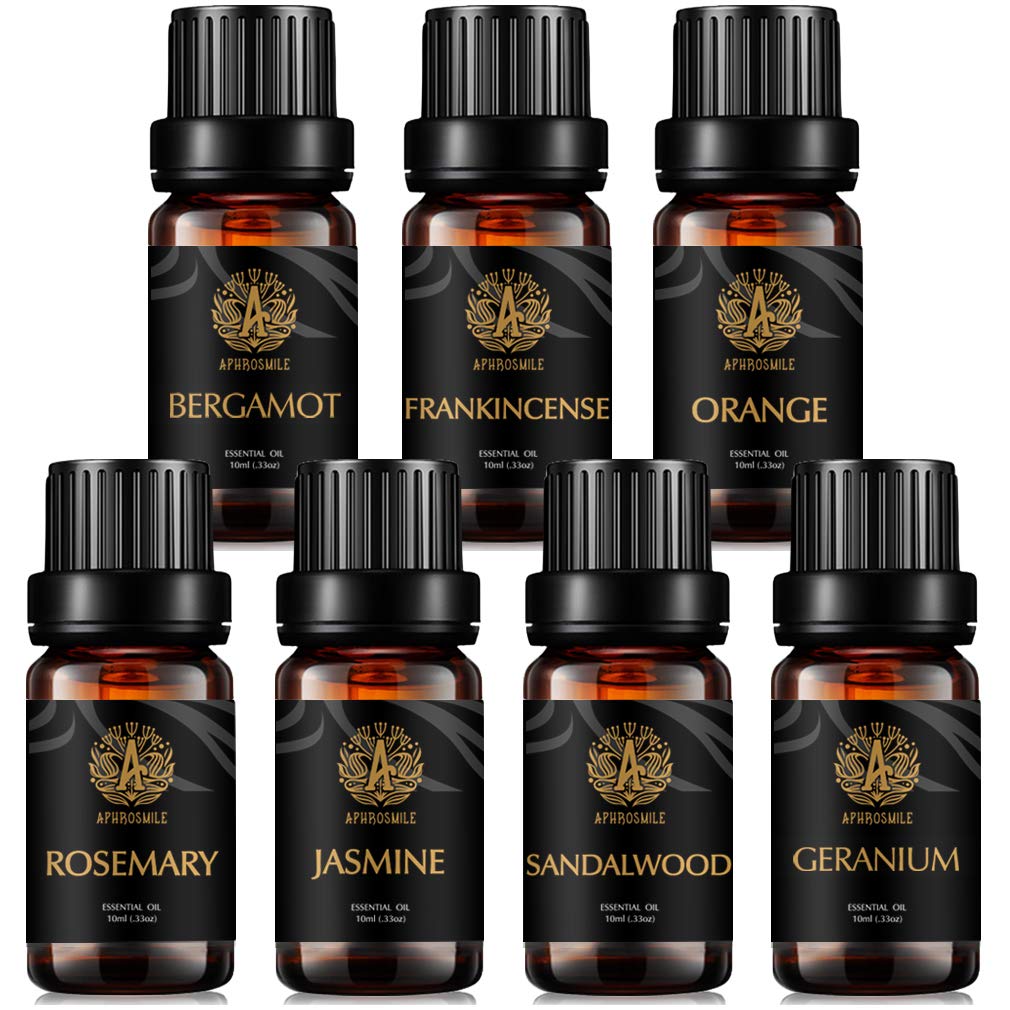 Aromatherapie Bergamotte ätherisches Öl Set für Diffusor, 7x10ml 100% reines Jasmin ätherisches Öl Kit für Luftbefeuchter - Weihrauch, Geranien, Orange, Rosmarin, Sandelholz ätherische Öle Set