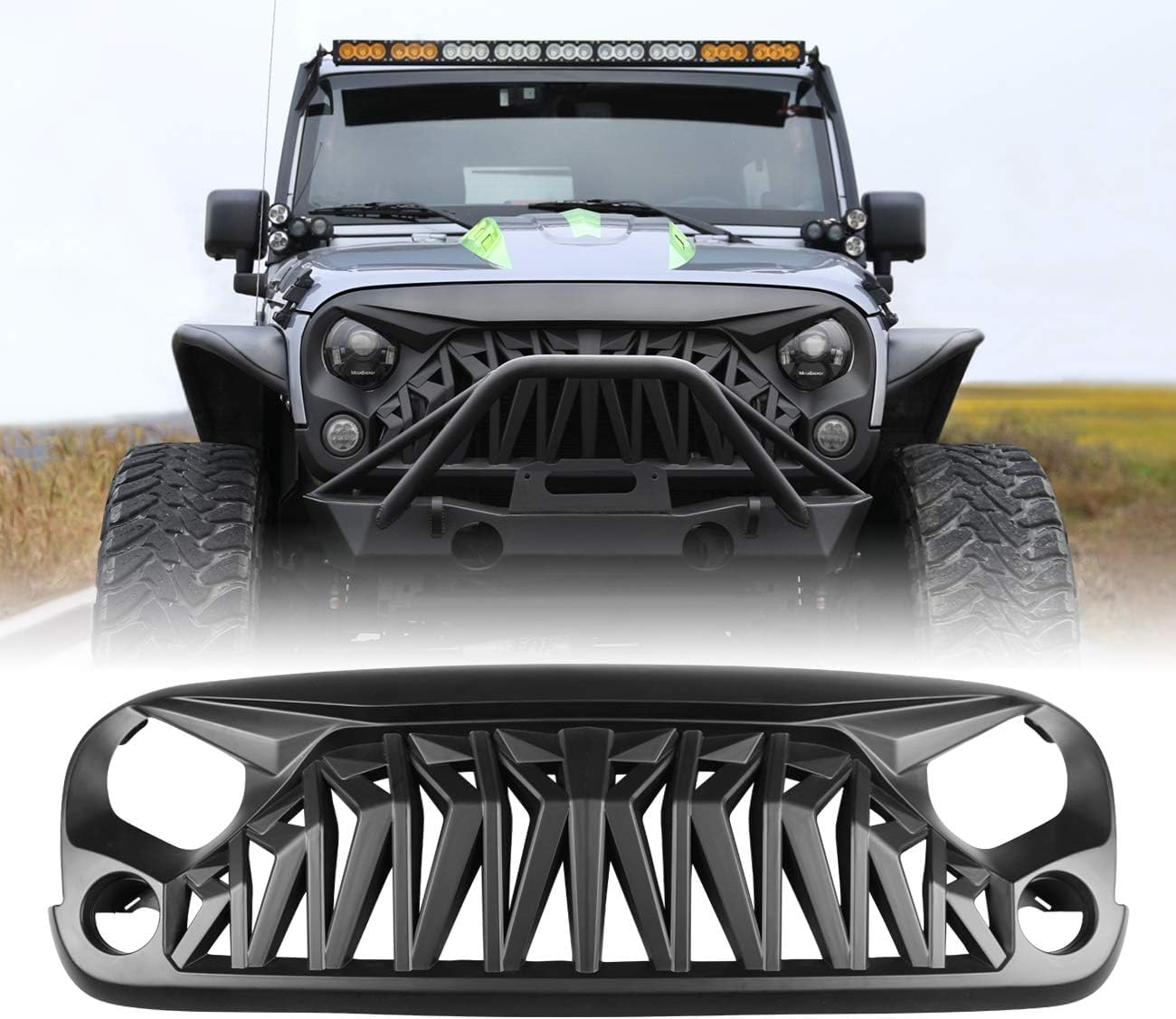L&E HELEE Matte Black Front Grill, Venom Grille, Shark Grille Compatible with 2007-2018 Jeep Wrangler Rubicon Sahara Sport JK JKU