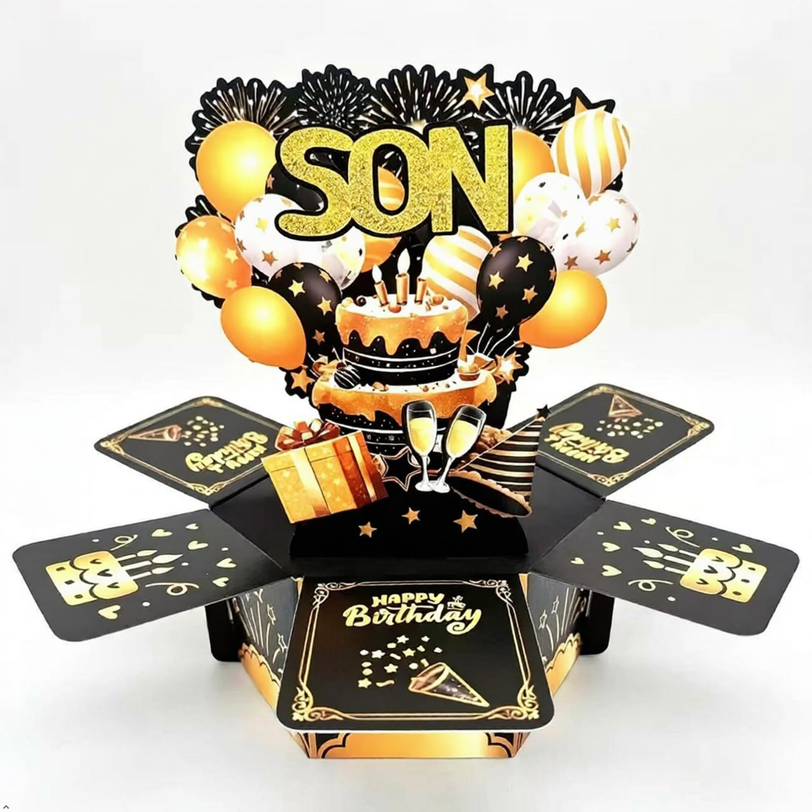 LDIGT Son Birthday Card, 3D Pop Up Happy Birthday Card for Son, Black Gold Gift Box Style, Colorful Balloon Fireworks Design, Creative Handmade Greeting Gift for Teen & Adult Son